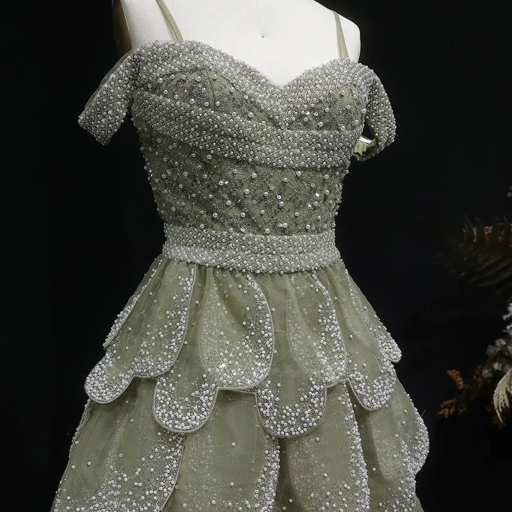 Elegant Green Layered Ruffle Evening Dress SS385