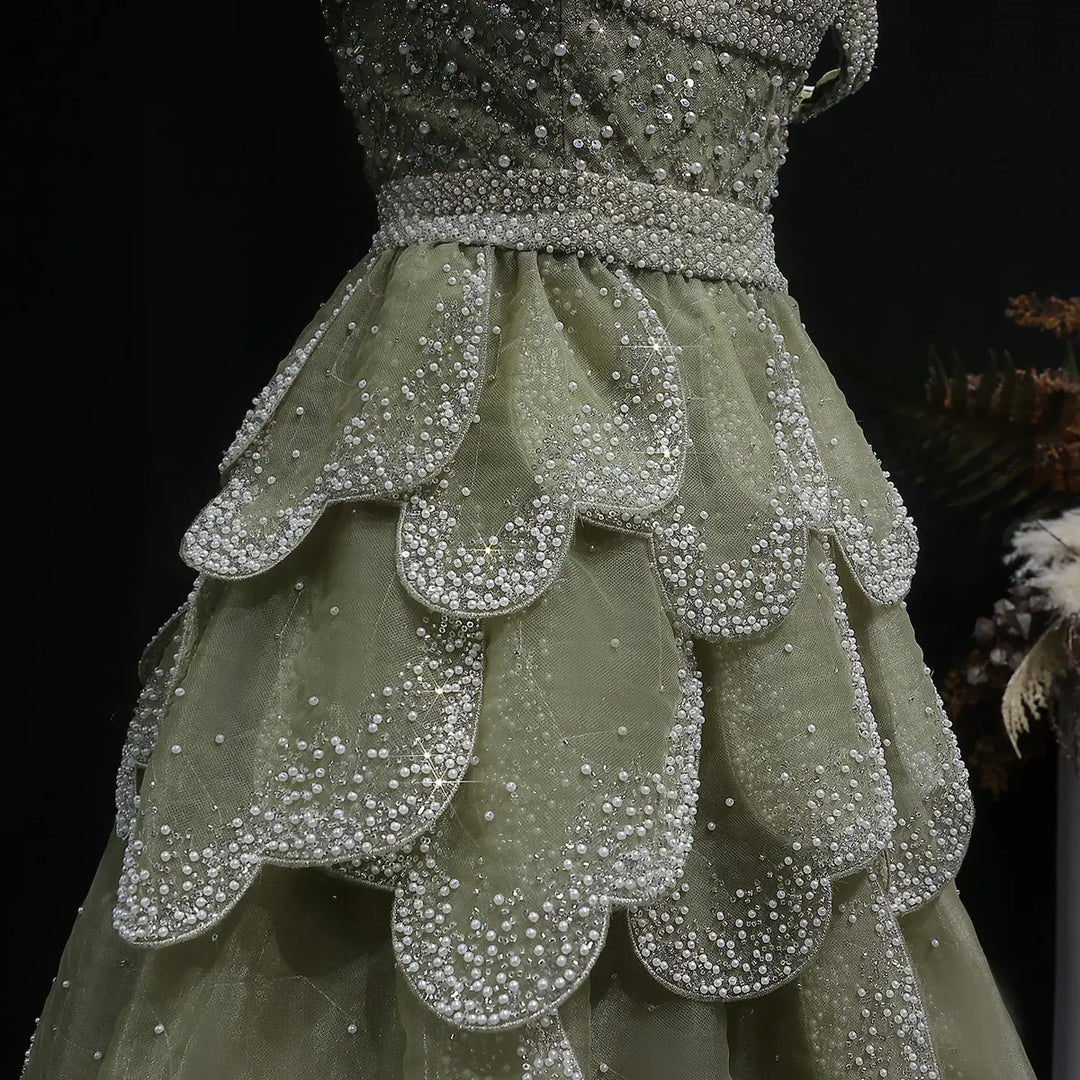 Elegant Green Layered Ruffle Evening Dress SS385