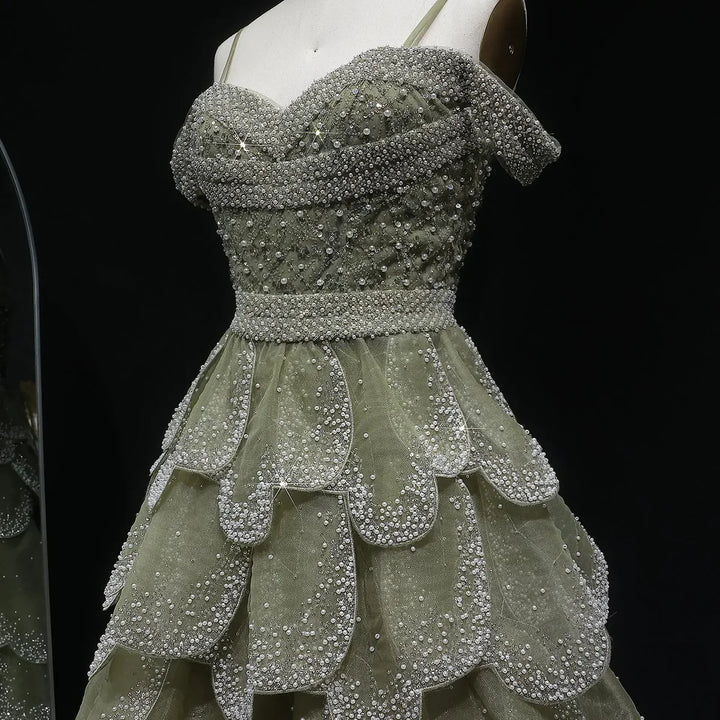 Elegant Green Layered Ruffle Evening Dress SS385