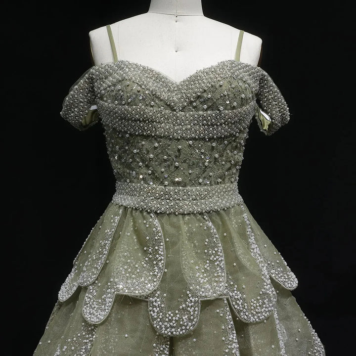 Elegant Green Layered Ruffle Evening Dress SS385