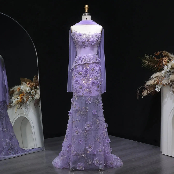 Luxury Lilac 3D Floral Beaded Embroidery Evening Dress with Scarf SS415