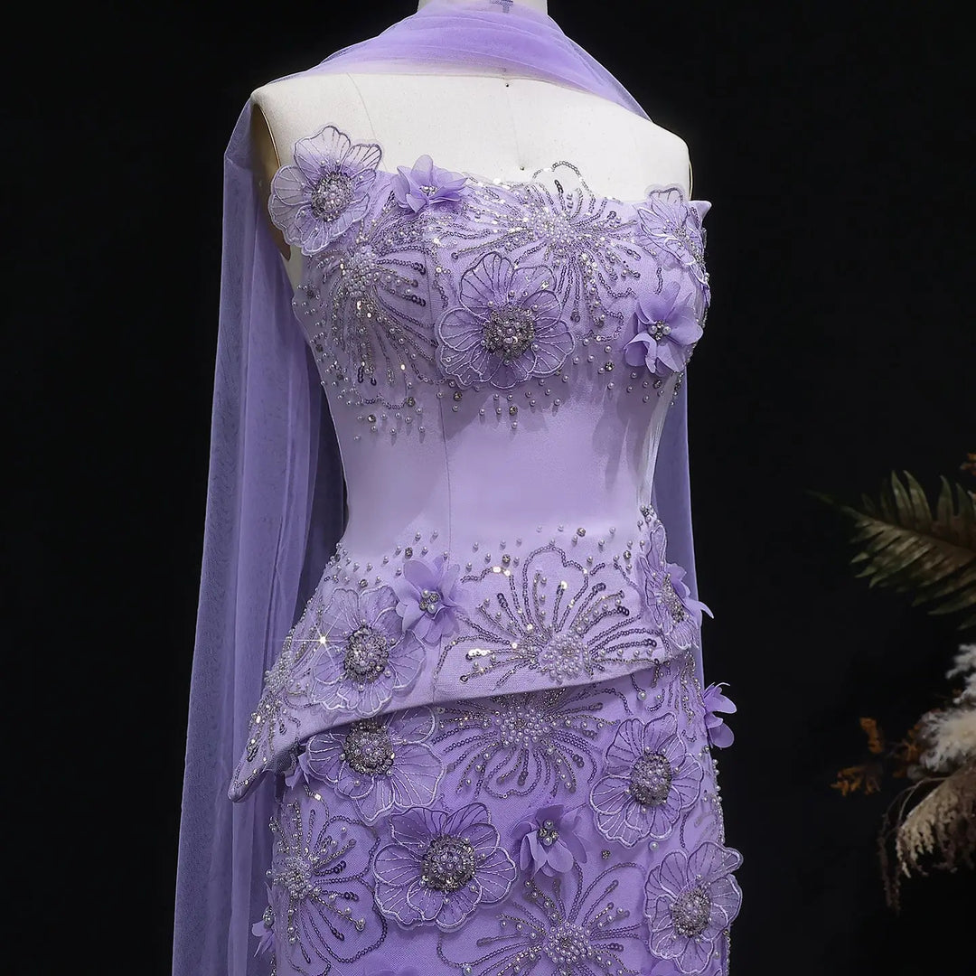 Luxury Lilac 3D Floral Beaded Embroidery Evening Dress with Scarf SS415