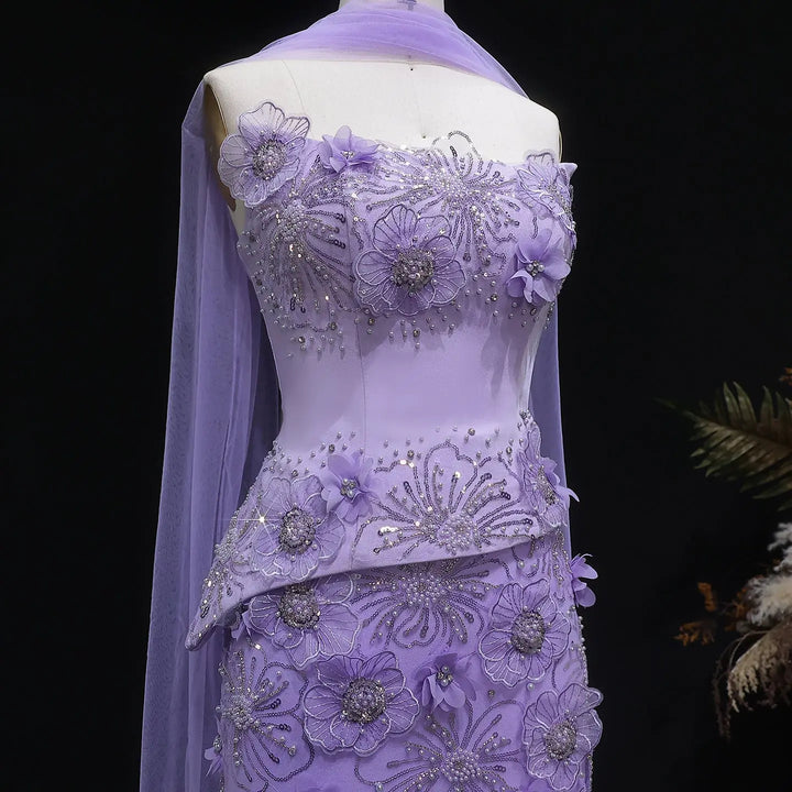 Luxury Lilac 3D Floral Beaded Embroidery Evening Dress with Scarf SS415