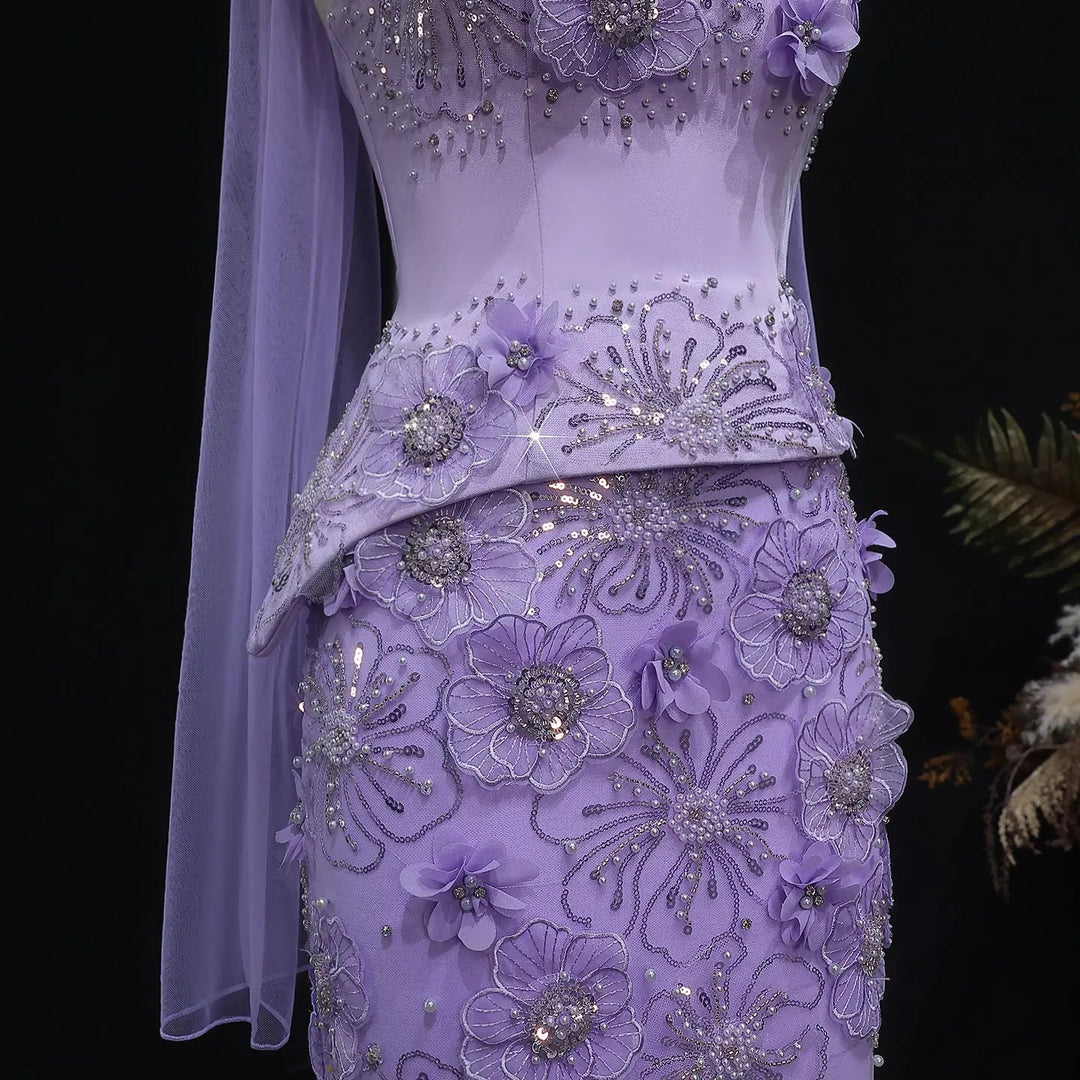 Luxury Lilac 3D Floral Beaded Embroidery Evening Dress with Scarf SS415