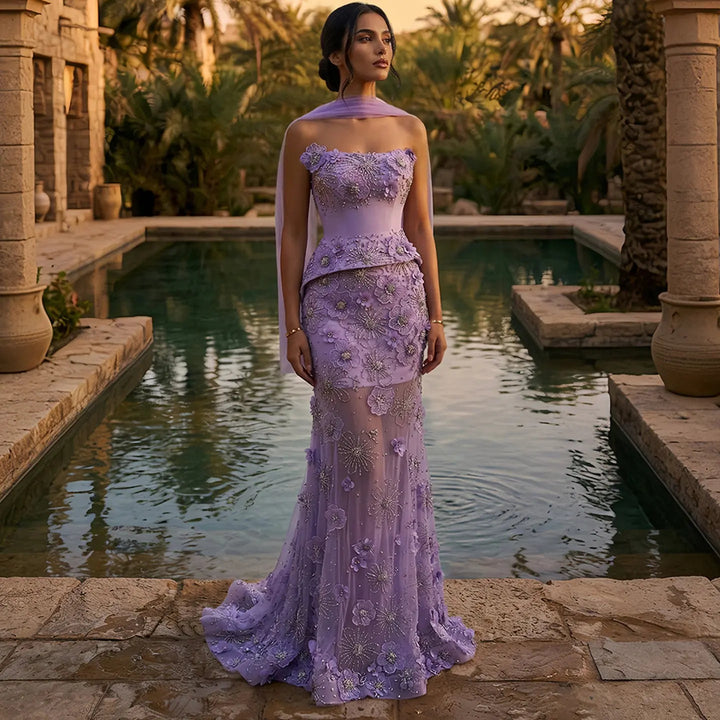 Luxury Lilac 3D Floral Beaded Embroidery Evening Dress with Scarf SS415