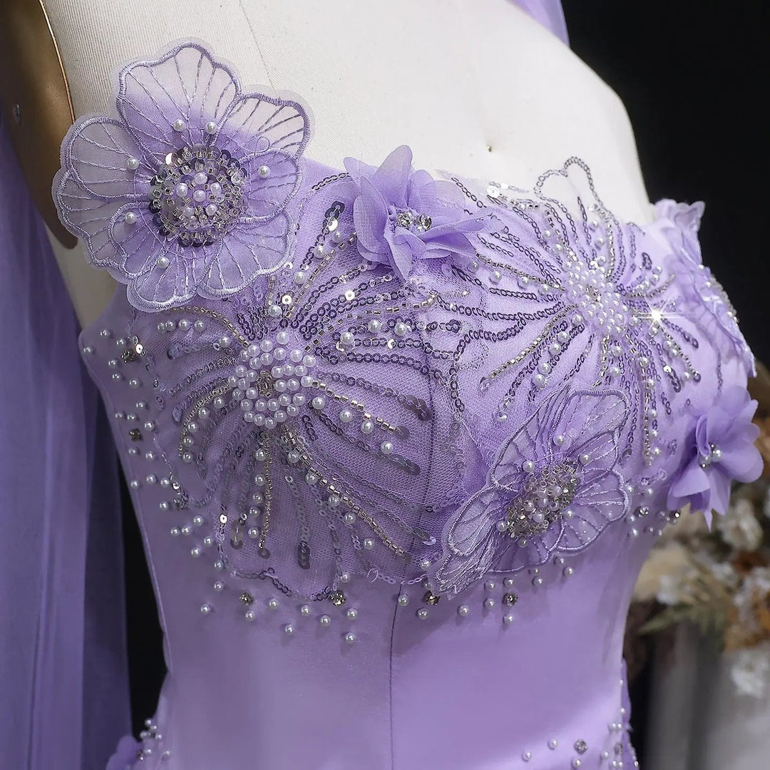 Luxury Lilac 3D Floral Beaded Embroidery Evening Dress with Scarf SS415