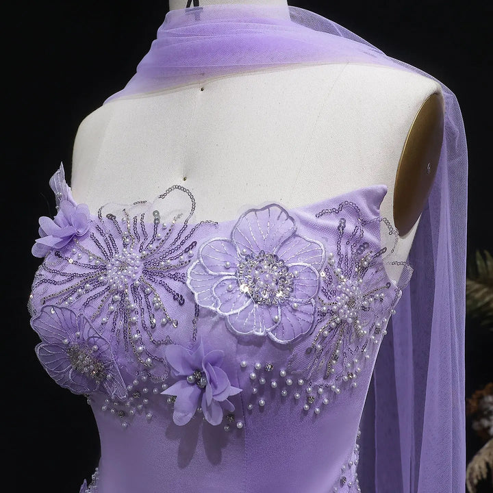 Luxury Lilac 3D Floral Beaded Embroidery Evening Dress with Scarf SS415