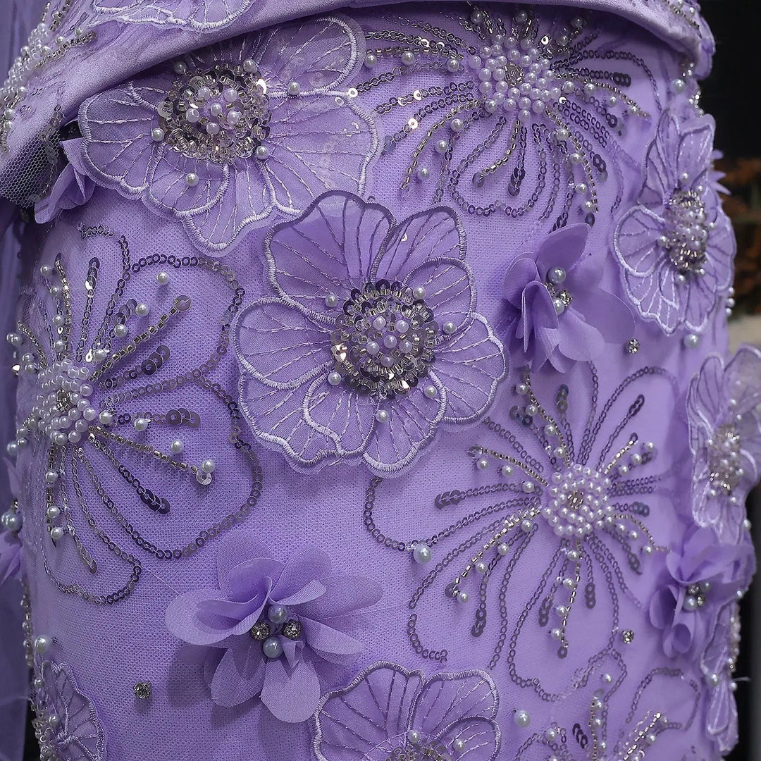 Luxury Lilac 3D Floral Beaded Embroidery Evening Dress with Scarf SS415