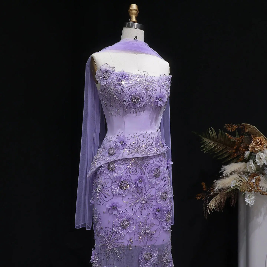 Luxury Lilac 3D Floral Beaded Embroidery Evening Dress with Scarf SS415