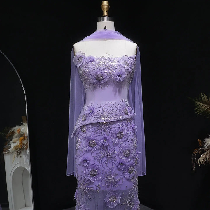 Luxury Lilac 3D Floral Beaded Embroidery Evening Dress with Scarf SS415