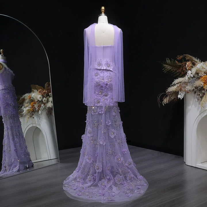Luxury Lilac 3D Floral Beaded Embroidery Evening Dress with Scarf SS415