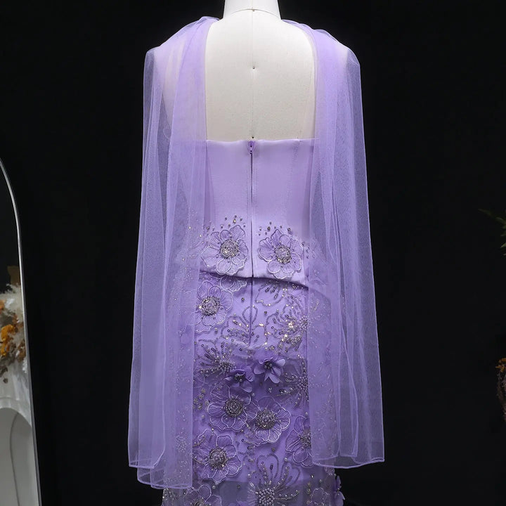 Luxury Lilac 3D Floral Beaded Embroidery Evening Dress with Scarf SS415