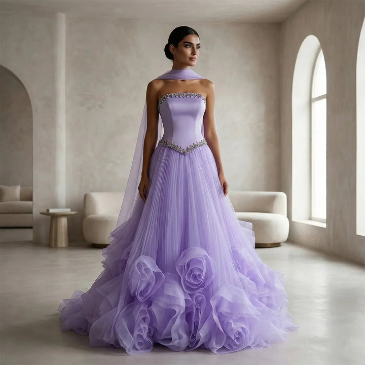 Luxury Lilac 3D Floral Tulle Evening Dress with Scarf SS310