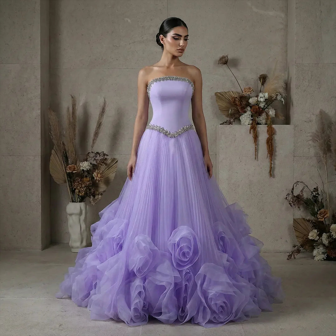 Luxury Lilac 3D Floral Tulle Evening Dress with Scarf SS310