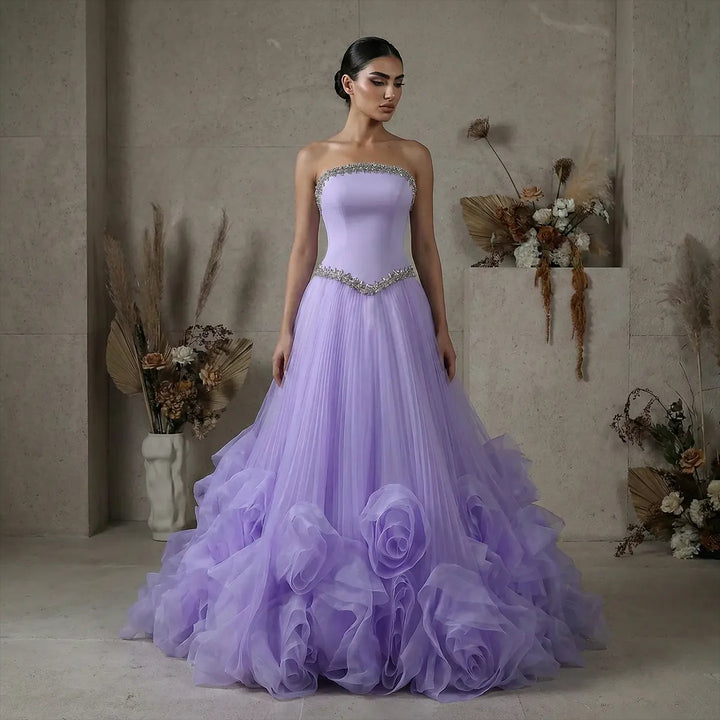 Luxury Lilac 3D Floral Tulle Evening Dress with Scarf SS310