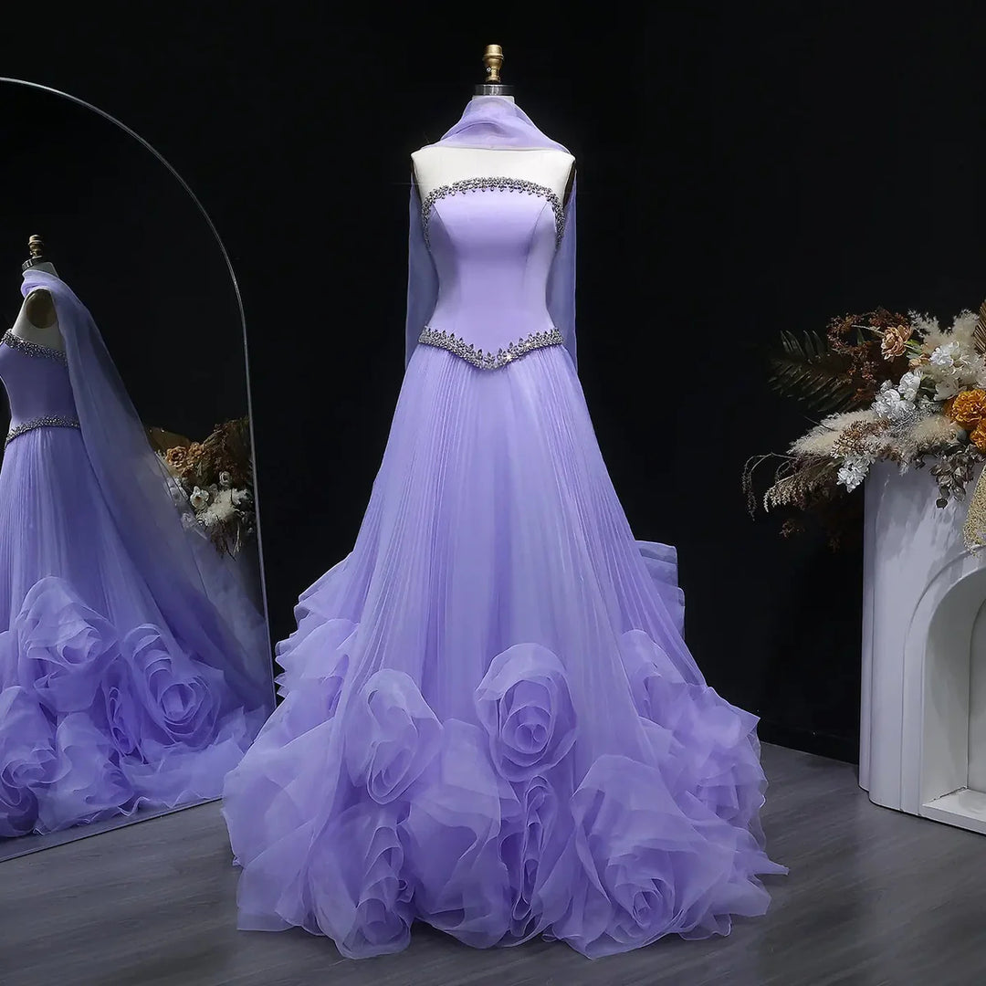 Luxury Lilac 3D Floral Tulle Evening Dress with Scarf SS310