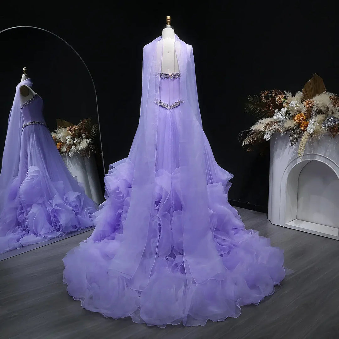 Luxury Lilac 3D Floral Tulle Evening Dress with Scarf SS310