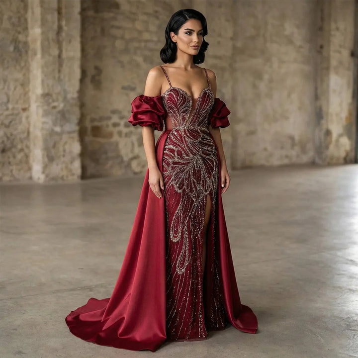 Luxury Green Beaded Slit Evening Gown with Cape SS157