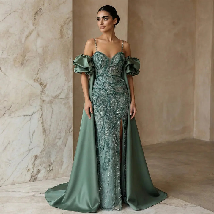 Luxury Green Beaded Slit Evening Gown with Cape SS157