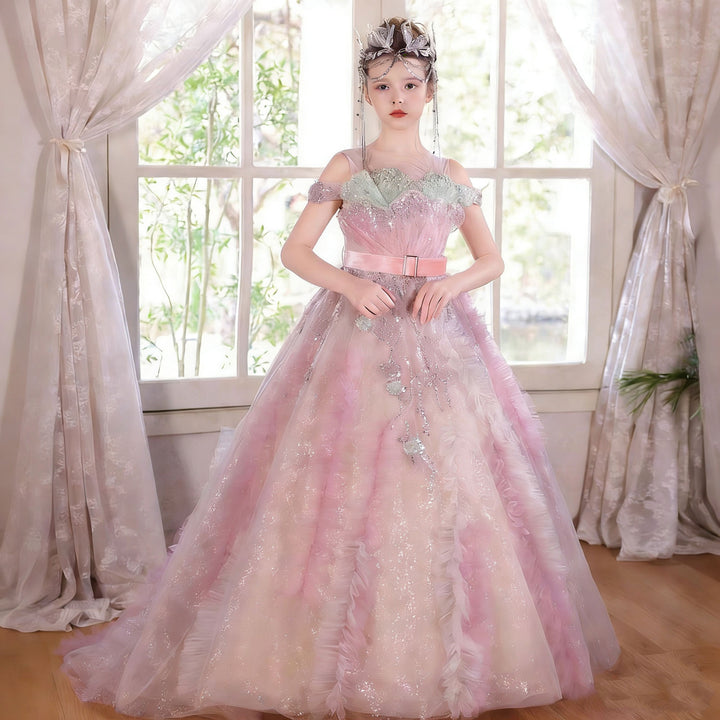 Luxury Main Pink Flower Girl Dress Off Shoulder Puffy Princess Ball Gown with Glitter J012