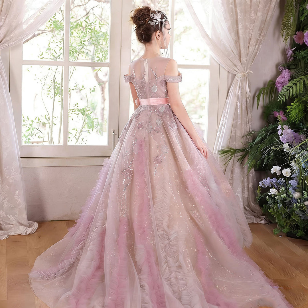 Luxury Main Pink Flower Girl Dress Off Shoulder Puffy Princess Ball Gown with Glitter J012