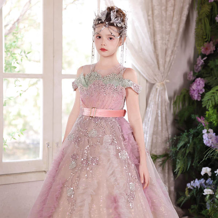 Luxury Main Pink Flower Girl Dress Off Shoulder Puffy Princess Ball Gown with Glitter J012