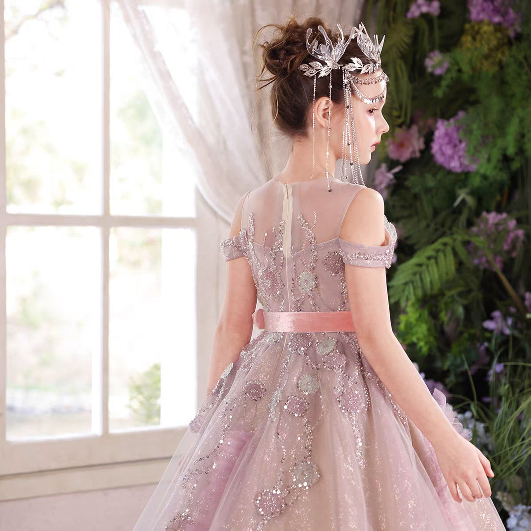 Luxury Main Pink Flower Girl Dress Off Shoulder Puffy Princess Ball Gown with Glitter J012