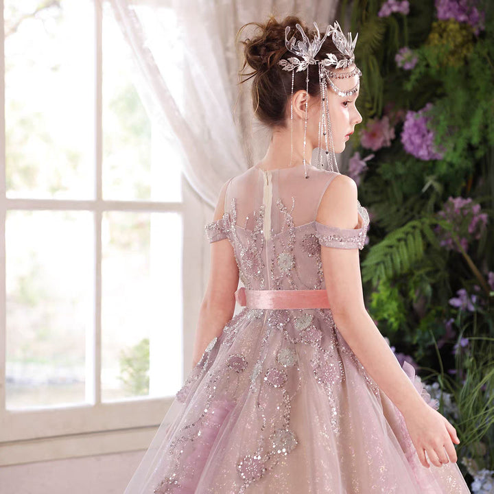 Luxury Main Pink Flower Girl Dress Off Shoulder Puffy Princess Ball Gown with Glitter J012