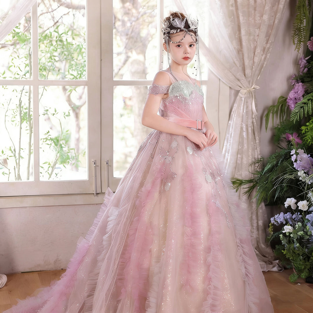 Luxury Main Pink Flower Girl Dress Off Shoulder Puffy Princess Ball Gown with Glitter J012