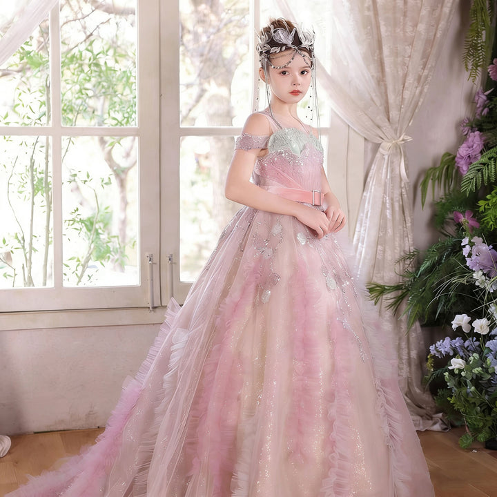 Luxury Main Pink Flower Girl Dress Off Shoulder Puffy Princess Ball Gown with Glitter J012