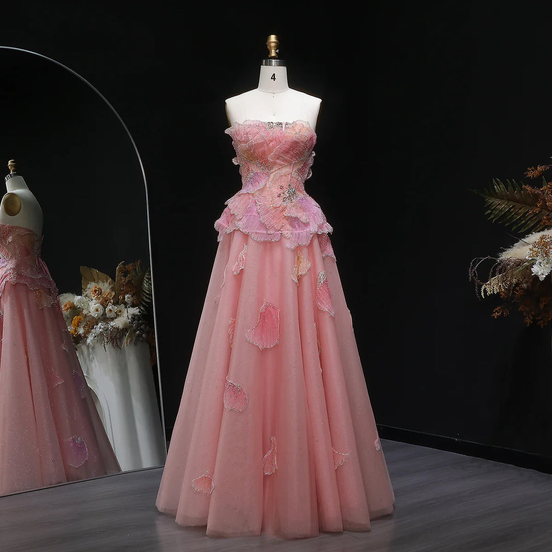 Luxury Pink 3D Floral Beaded Ball Gown Evening Dress SS749