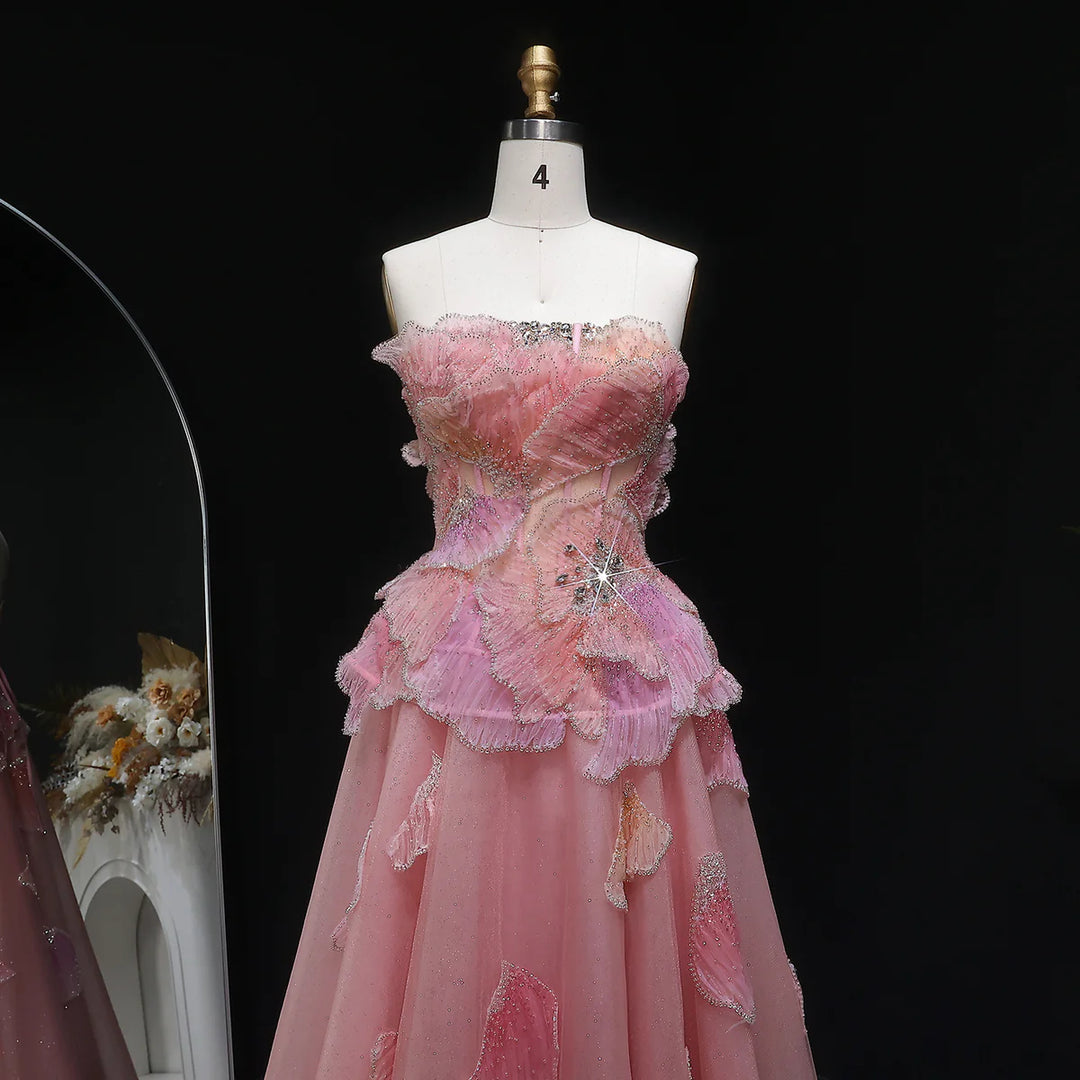 Luxury Pink 3D Floral Beaded Ball Gown Evening Dress SS749