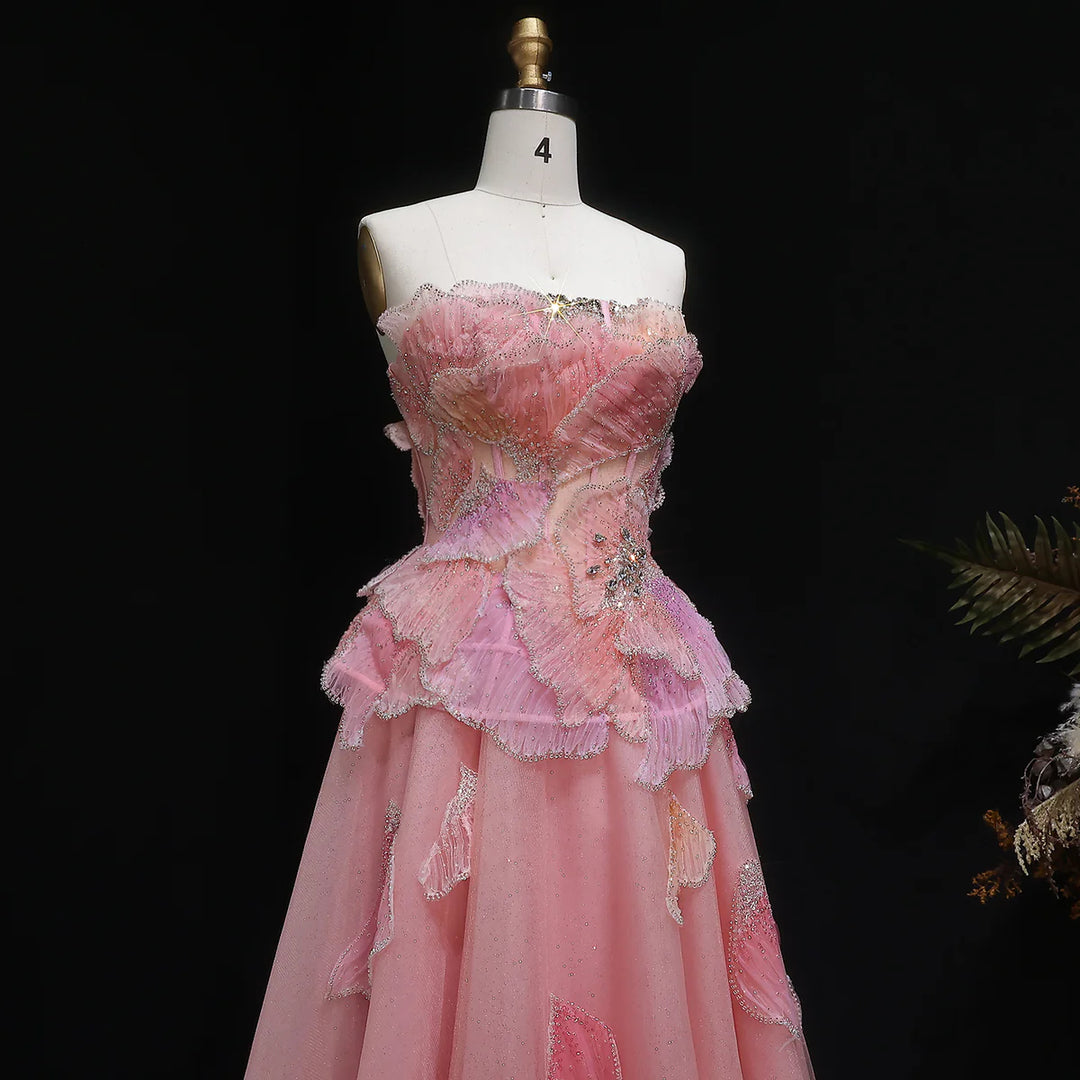 Luxury Pink 3D Floral Beaded Ball Gown Evening Dress SS749