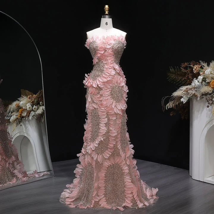 Luxury Pink 3D Floral Beaded Strapless Evening Dress SS258