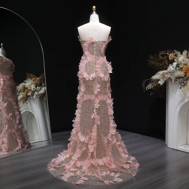 Luxury Pink 3D Floral Beaded Strapless Evening Dress SS258