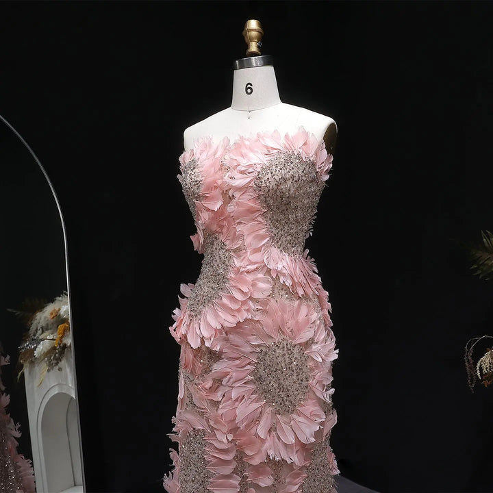 Luxury Pink 3D Floral Beaded Strapless Evening Dress SS258