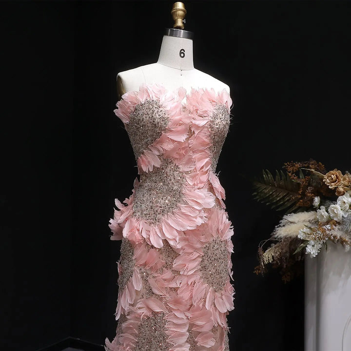 Luxury Pink 3D Floral Beaded Strapless Evening Dress SS258