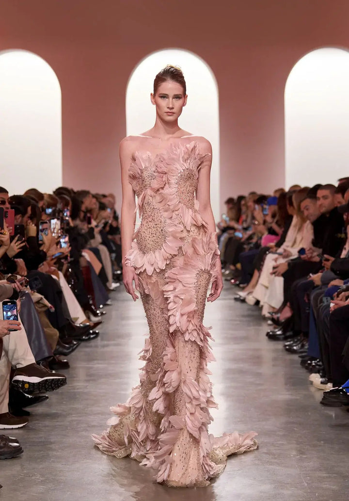 Luxury Pink 3D Floral Beaded Strapless Evening Dress SS258