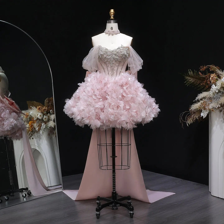 Luxury Pink 3D Floral Prom Dress with Detachable Train SS740