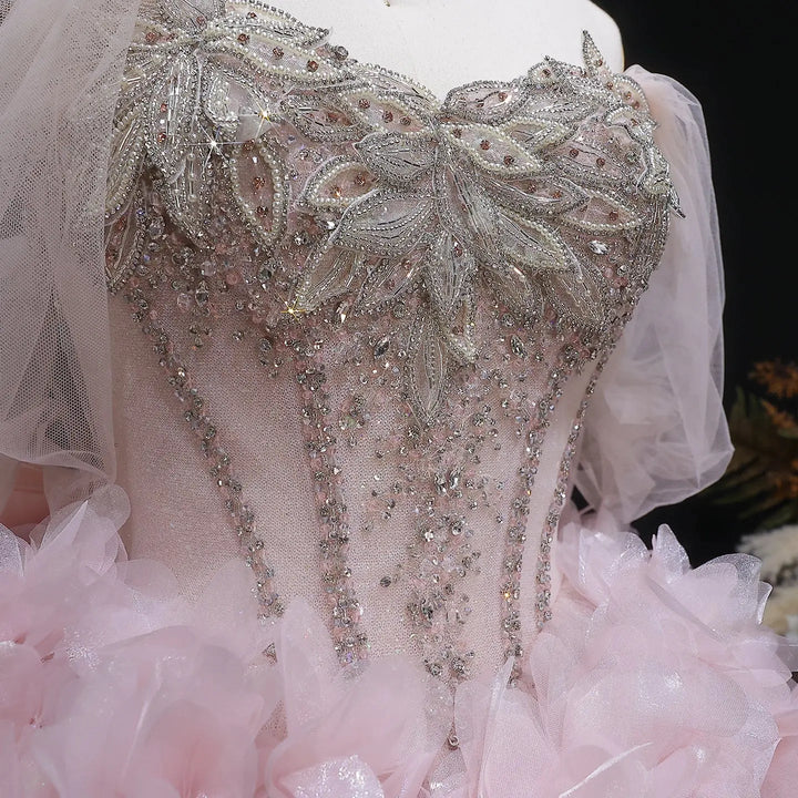 Luxury Pink 3D Floral Prom Dress with Detachable Train SS740