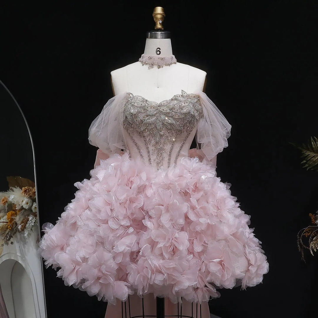 Luxury Pink 3D Floral Prom Dress with Detachable Train SS740