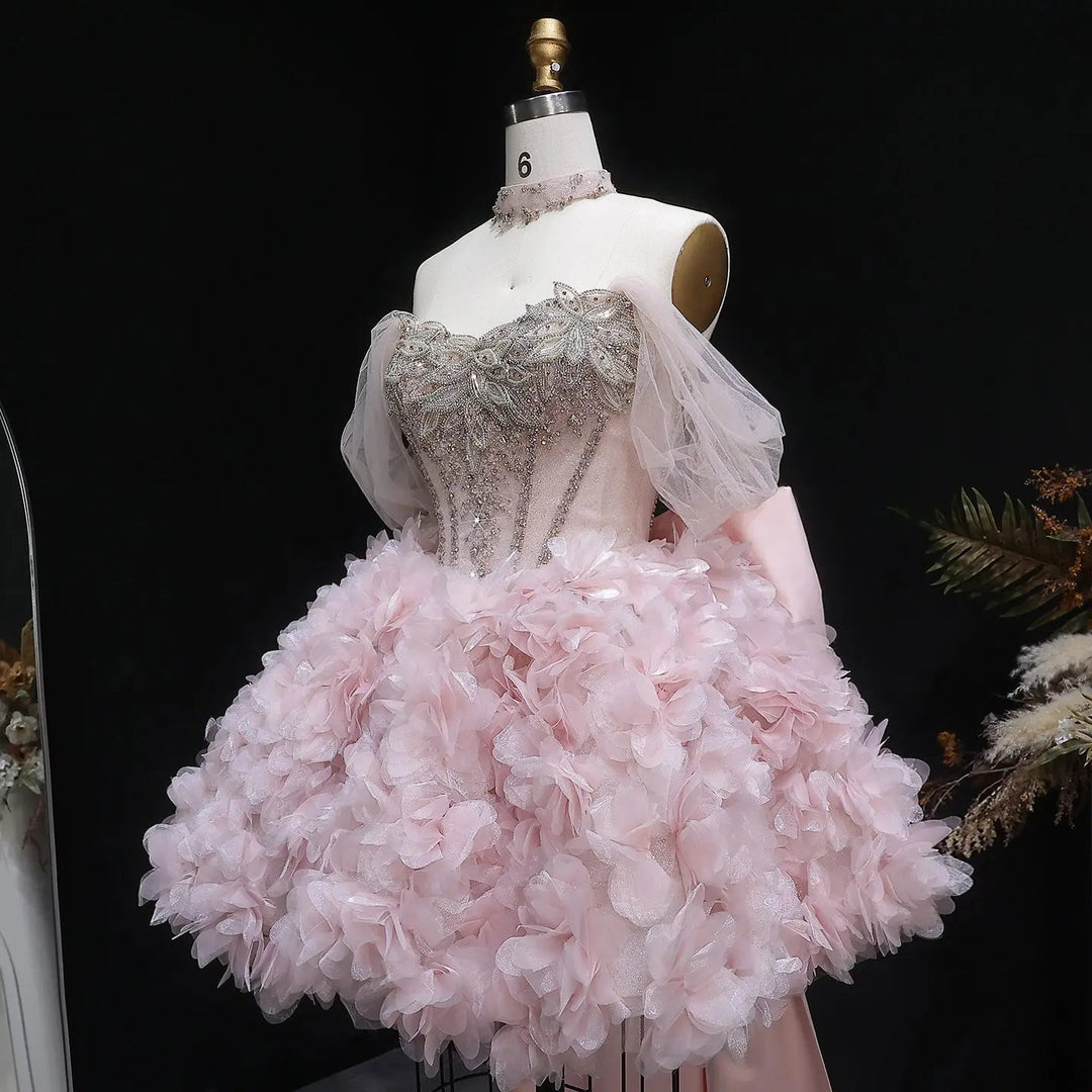 Luxury Pink 3D Floral Prom Dress with Detachable Train SS740