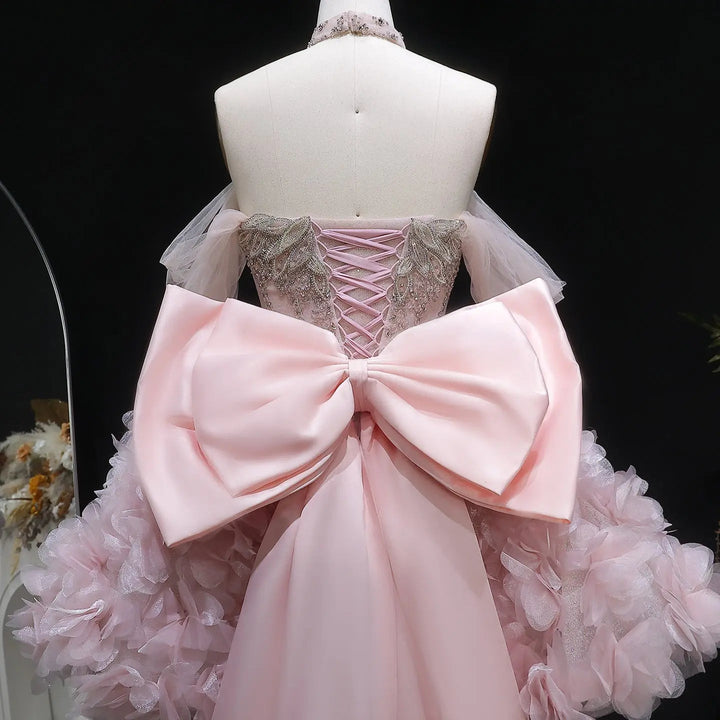 Luxury Pink 3D Floral Prom Dress with Detachable Train SS740