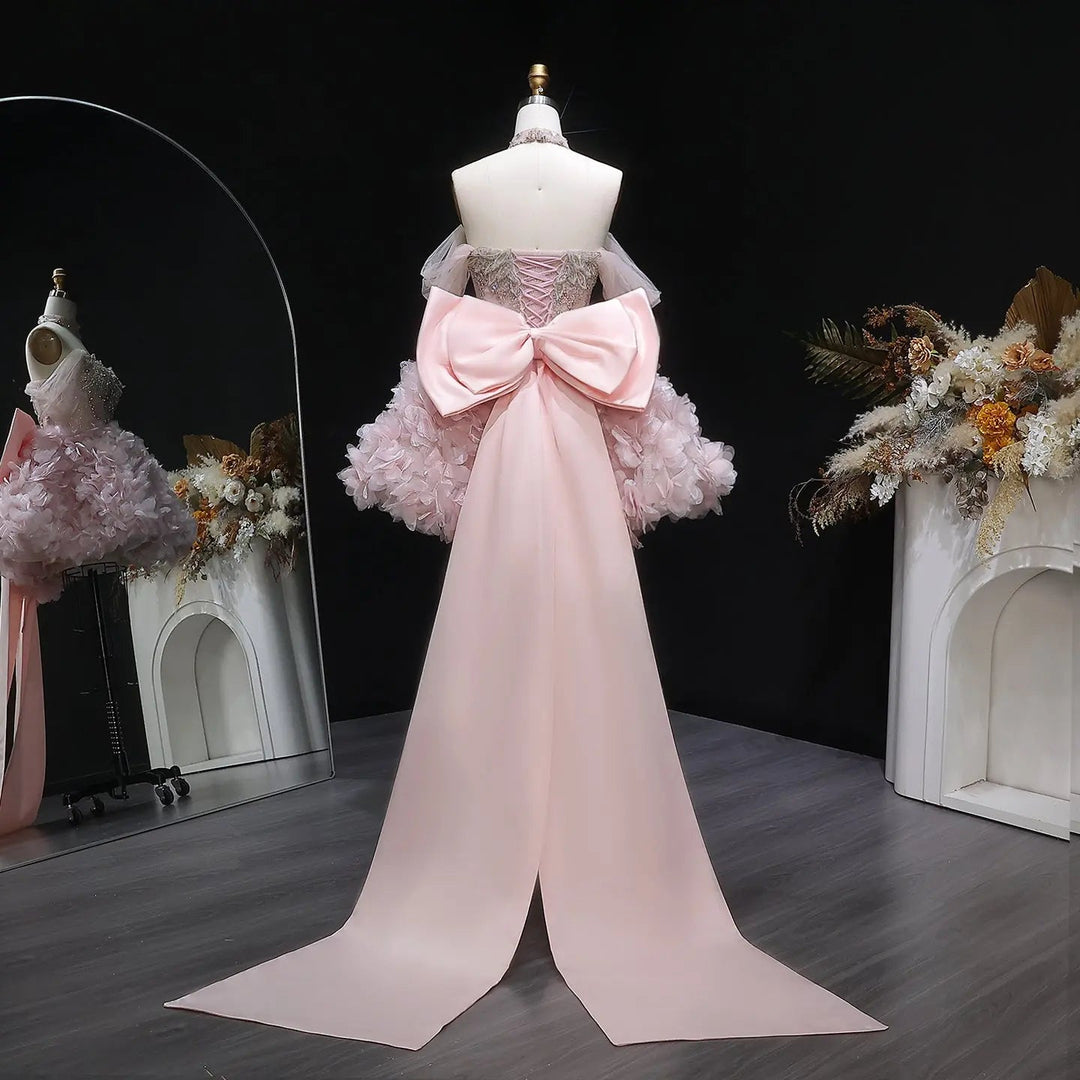 Luxury Pink 3D Floral Prom Dress with Detachable Train SS740