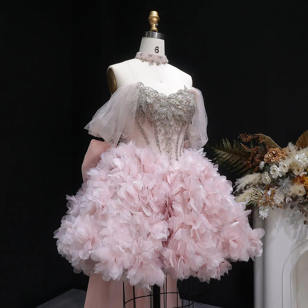 Luxury Pink 3D Floral Prom Dress with Detachable Train SS740