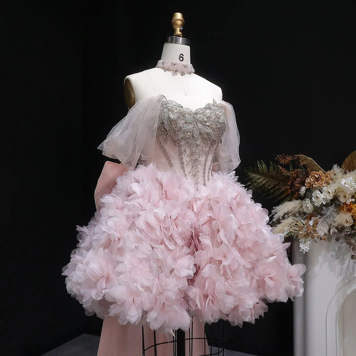 Luxury Pink 3D Floral Prom Dress with Detachable Train SS740