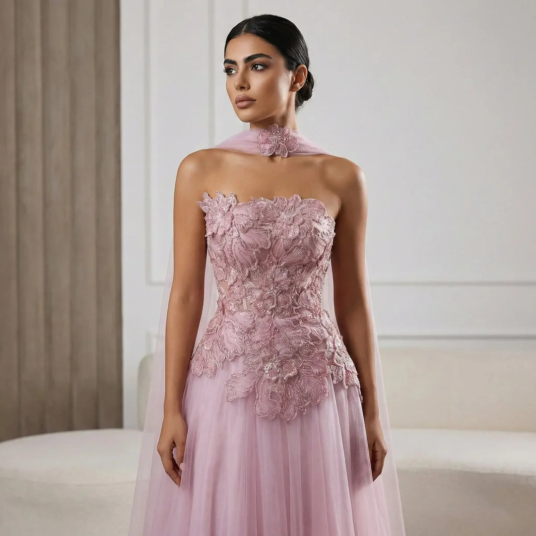 Romantic Pink Strapless Evening Dress with 3D Floral Bodice and Scarf SS239