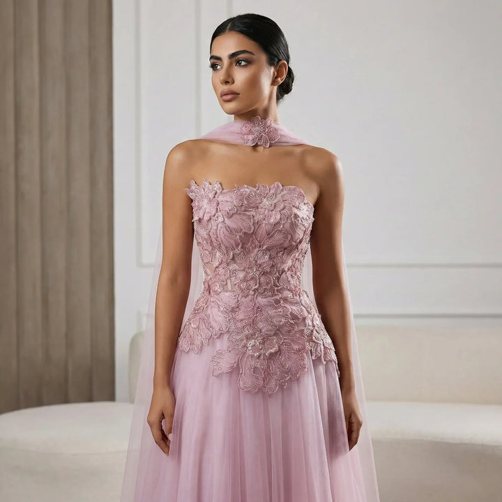 Romantic Pink Strapless Evening Dress with 3D Floral Bodice and Scarf SS239