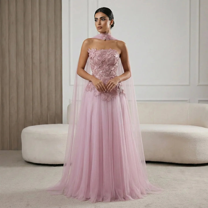 Romantic Pink Strapless Evening Dress with 3D Floral Bodice and Scarf SS239