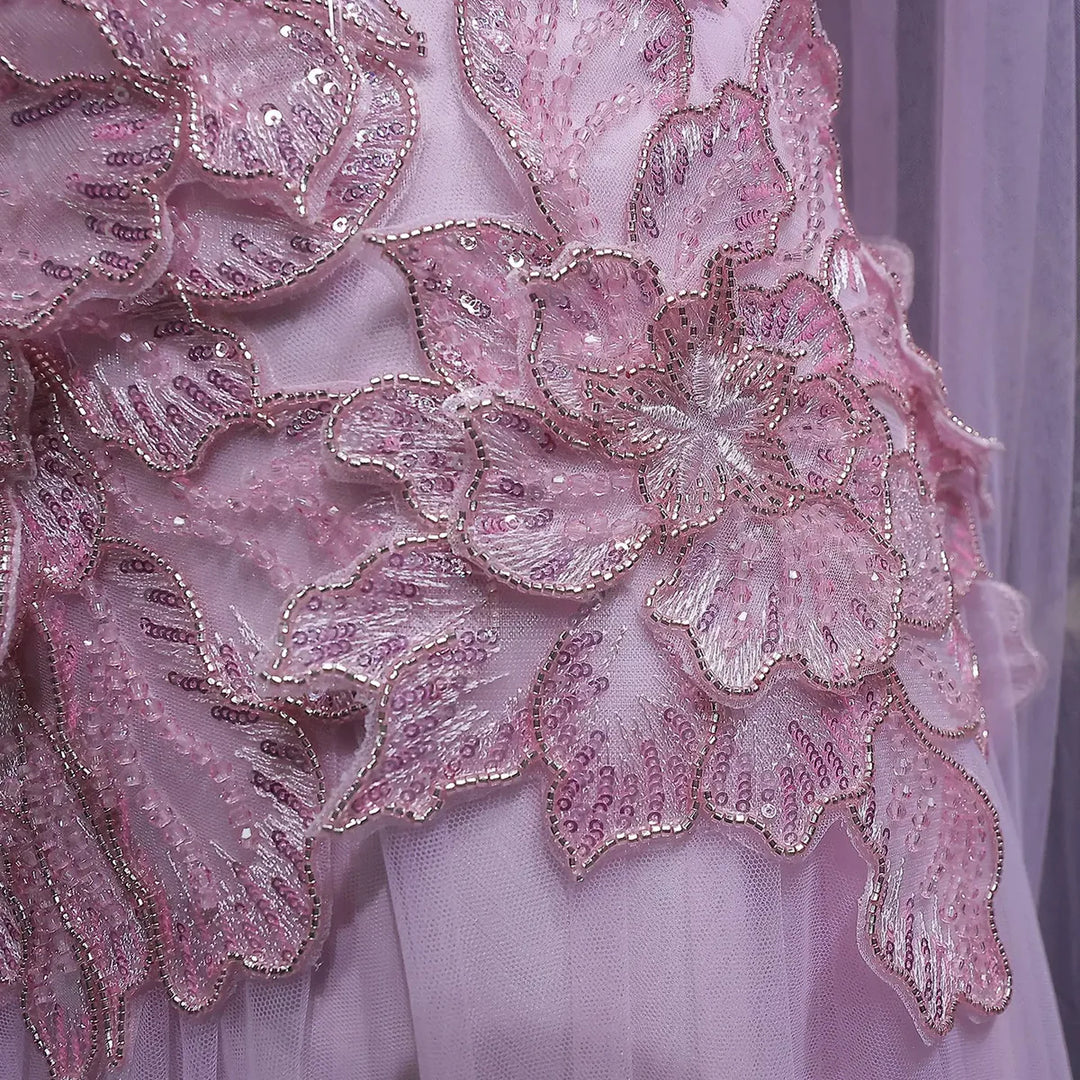 Romantic Pink Strapless Evening Dress with 3D Floral Bodice and Scarf SS239